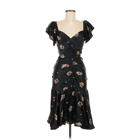 VTG Betsey Johnson 90 2000 y2K Silk Floral Midi Slip Dress Flutter Ruched 6 Blk - Picture 2 of 15